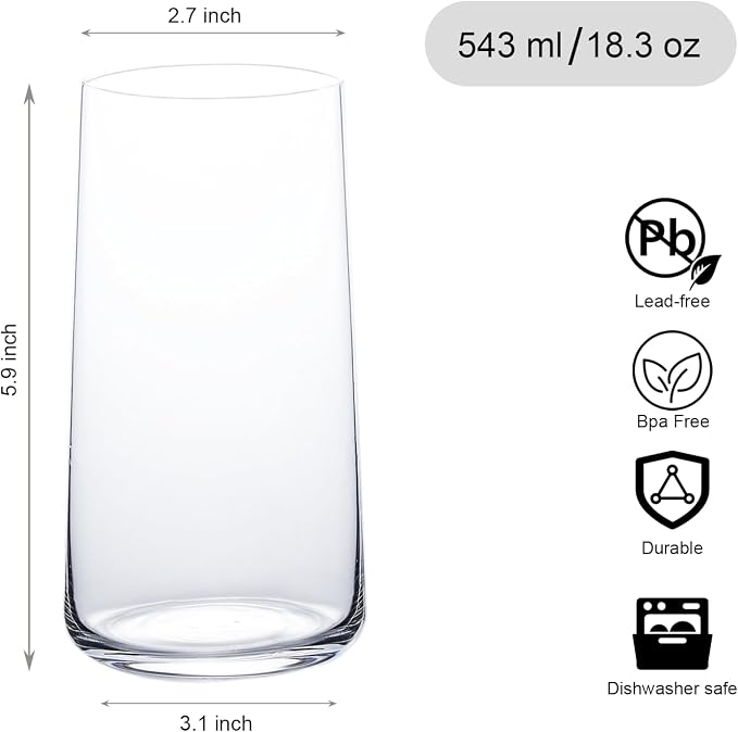 Wlasss Drinking Glasses Set of 6, 18.3 oz Large Crystal Glasses | Lightweight Crystal Water Glasses, Ideal For Juice, Iced Tea, Mojito & Daily Use, Dishwasher Safe Glass Cup For Gift