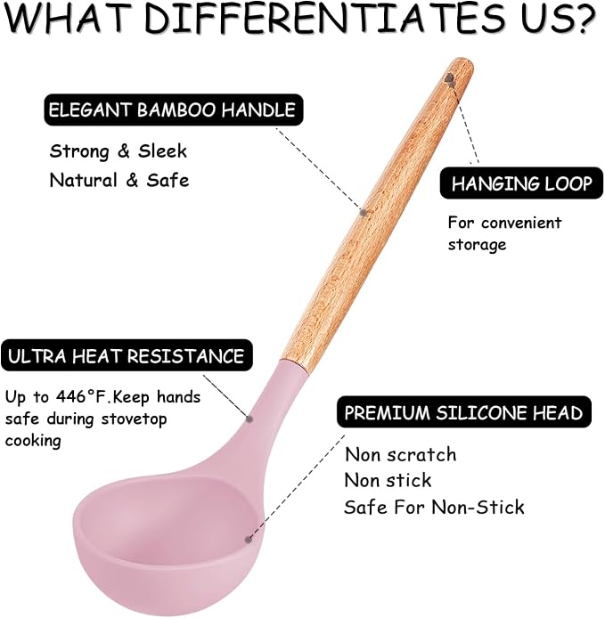 MIBOTE Silicone Cooking Kitchen Utensils Set, Wooden Handle, Pinky | BPA-Free, Non-Toxic Silicone Turner, Tongs, Spatula, Spoon Set – Great for Nonstick Cookware, Heat-Resistant, Easy Clean