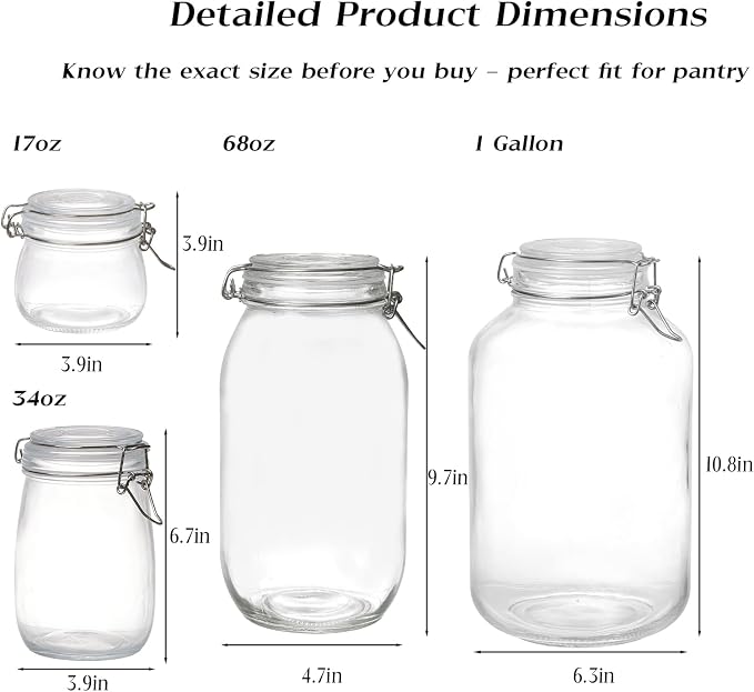 BJONKZ 6 Pack 17 oz Glass Jars with Airtight Lids – Food Storage Containers with Preserving Seal Wire Clip Fastening, Glass Canisters for Kitchen Canning Flour, Cereal, Sugar, Beans (17oz*6)
