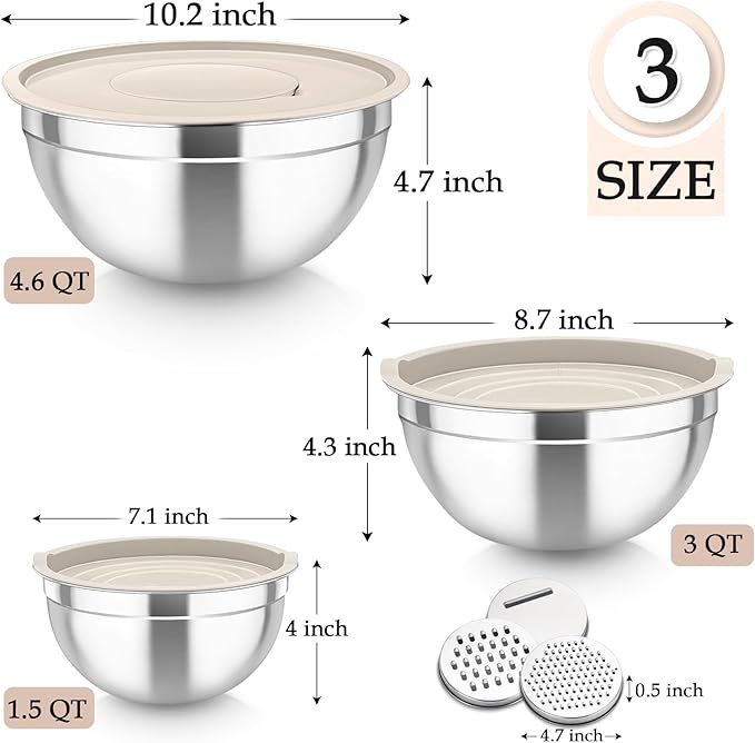 TeamFar Mixing Bowls, Stainless Steel Nesting Salad Bowls Set | Mixing Bowls with Lids & 3 Grater Attachments, For Mixing/Serving/Storing, Non-toxic & Long-lasting, 4.6/3/1.5 QT, Khaki