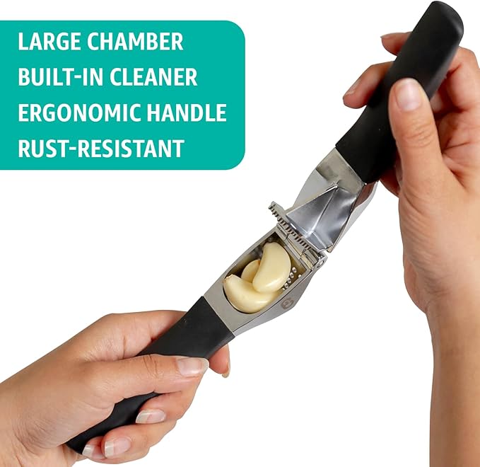 Garlic Press Set – Heavy Duty Garlic Crusher & Mincer | No Peel Required | Easy Squeeze & Clean | Ergonomic Handle | Ginger Press – Silicone Peeler & Cleaning Brush | Large Chamber Kitchen Tool