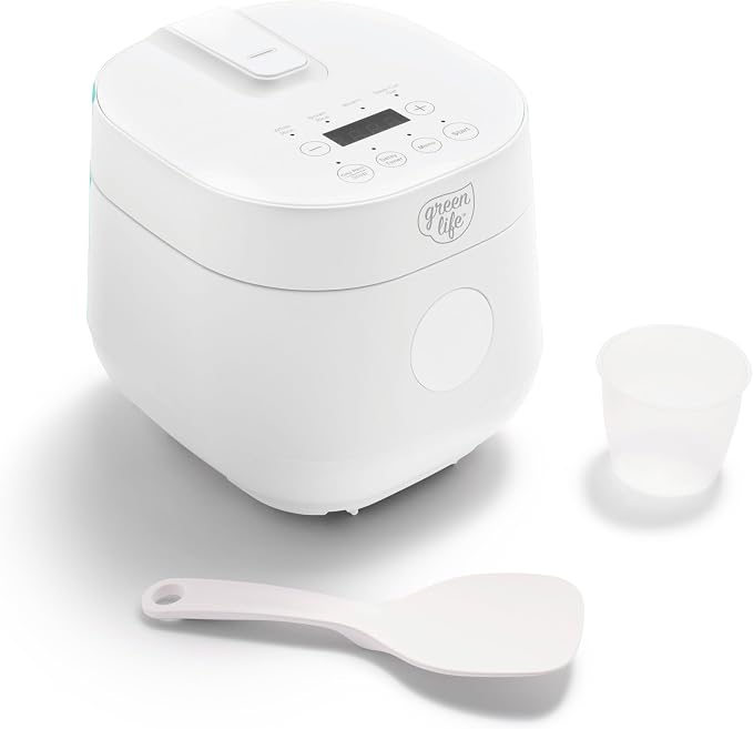 GreenLife Digital Rice Cooker, 2-Cups Uncooked/4-Cups Cooked, White | PFAS-Free Ceramic Nonstick Coated 1.5QT Pot, One-Touch Presets, Oats, Quinoa, Brown Rice, Auto Warming, Fuzzy Logic Tech