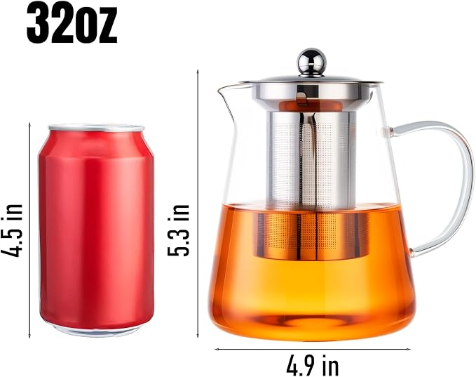 Baalaka Tea Infuser Pot, 32 oz Clear Borosilicate Glass Kettle, Stovetop | Removable 18/8 stainless steel strainer handles loose leaf, fruit or herbal blends; wide mouth and angled spout ease use