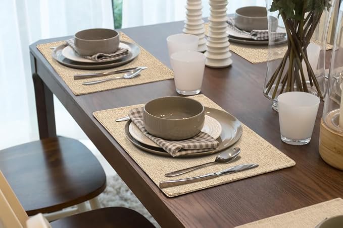 Faux Cotton Linen Placemats Set of 6, Cloth Washable Farmhouse Dining Table Mats for Indoors & Outdoors, Easy to Clean, Linen, 13 x 19 Inch