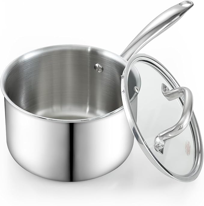 Cook N Home Classic 3 Quart Stainless Steel Saucepan with Glass Lid | Fully Tri-Ply Clad Small Sauce Pan, Stay-Cool Riveted Handle, Versatile for All Cooktops, Dishwasher & Oven Safe