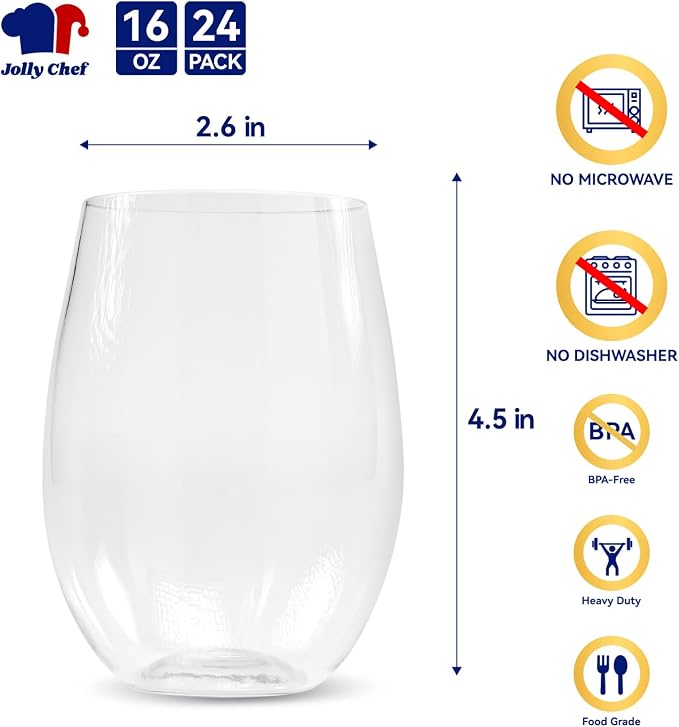 JOLLY CHEF 24 Pack 16oz Plastic Wine Glasses Stemless, Disposable Wine Cups | Premium Quality, Recyclable, Unbreakable, Ideal for Wedding, Birthday, Party, Christmas