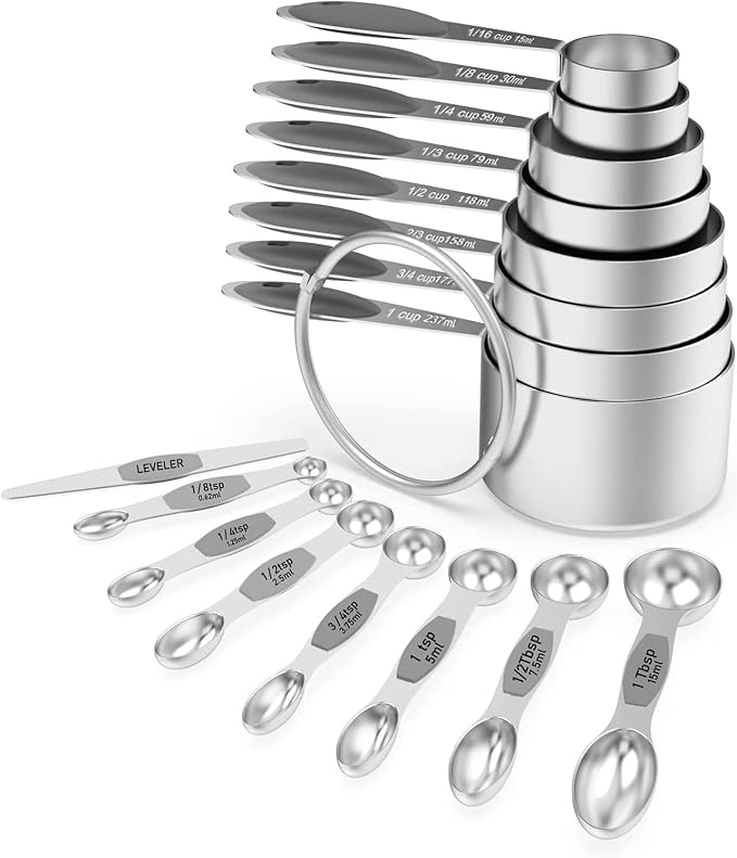 Wildone Measuring Cups and Magnetic Measuring Spoons Set, 16Pcs | 8 Stainless Measuring Cups, 7 Double-sided Magnetic Measuring Spoons & Leveler for Spice Jar and Liquid Measuring, Gray