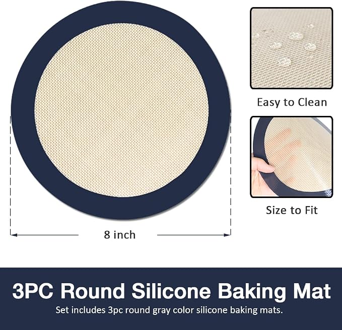 3Pcs Round Silicone Baking Mats, 8 inch Circle Mats for Cake Pan | Reusable, Easy to Clean, Nonstick
