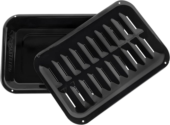 Small 2-Piece Broiler Pan & Grill Set Porcelain-on-Steel 13"x8-3/4"x1-3/8" Broiler Pan for Oven, Black Whirlpool 4396923, Maytag, Kitchen-Aid replacement