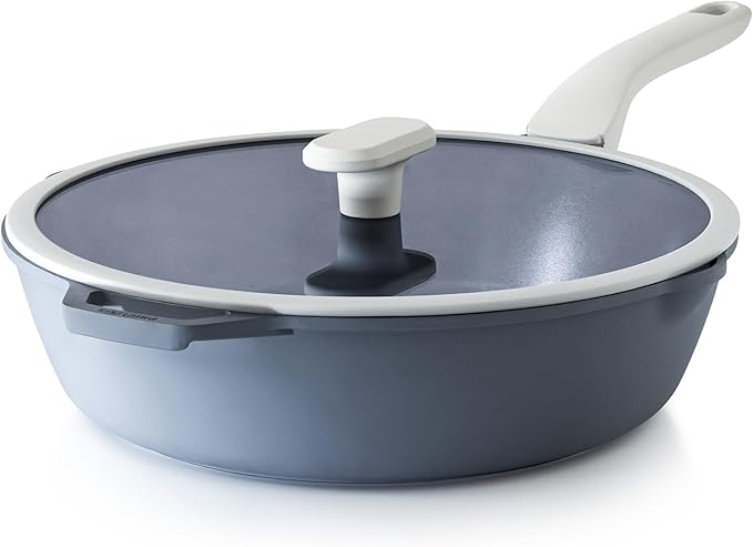 PRICUSIS Ceramic Nonstick Deep Saute Pan with Lid, 10/12 Inch Non Toxic Pans with Double Pour Spout, Helper Handle and Lid, Metal Utennsil Safe, Dishwasher Safe, (12 Inch, Gray)