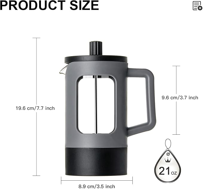 YOLIFE French Press Coffee Maker, 21 oz Small Coffee Tea Press with Heat-resistant Borosilicate Glass, 4-Level Filtration Systems, Portable Coffee Pot for Camping Travel Gifts, Grey and Black