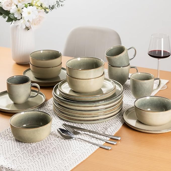AmorArc Stoneware Dinnerware Sets for 4, 12Pcs Plates and Bowls Sets Dishes | Ceramic Round Reactive Glaze Dishes Set, Highly Scratch Resistant | Dishwasher & Microwave Safe Dishware