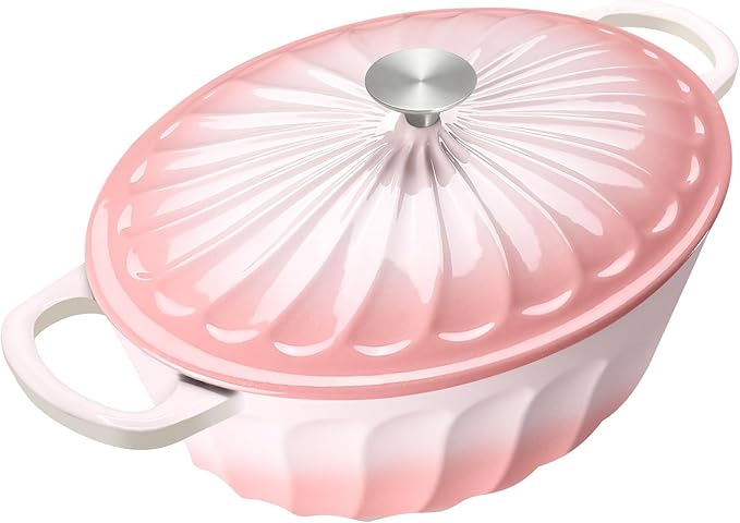 Enameled Dutch Oven Pot with Lid, 7 QT Cast Iron Dutch Oven with Dual Handles, Oval Dutch Oven for Cooking, Bread Baking, Frying, Non-stick Enamel Coated Oven (Gradient Pink)