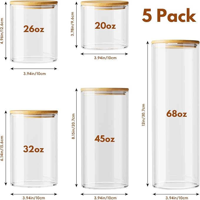5 Pack MultiSize Glass Jar with Lid, Coffee Storage Canister for Candy | Seal, BPA-Free, Bamboo Lid, Coffee Bar Accessories, for Coffee Beans, Creamer, Salt, Overnight Oats, Brown sugar, Candy, Tea