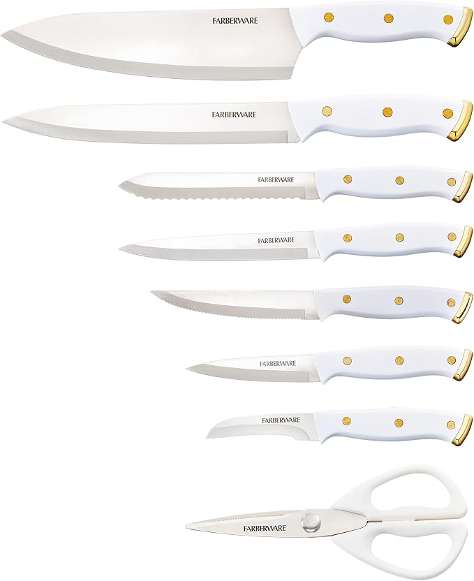 Farberware 15-Piece Knife Block Set, High-Carbon Stainless Steel Kitchen Knife Set with Triple Rivet Gold Endcap Handles and Slim Wood Block, White