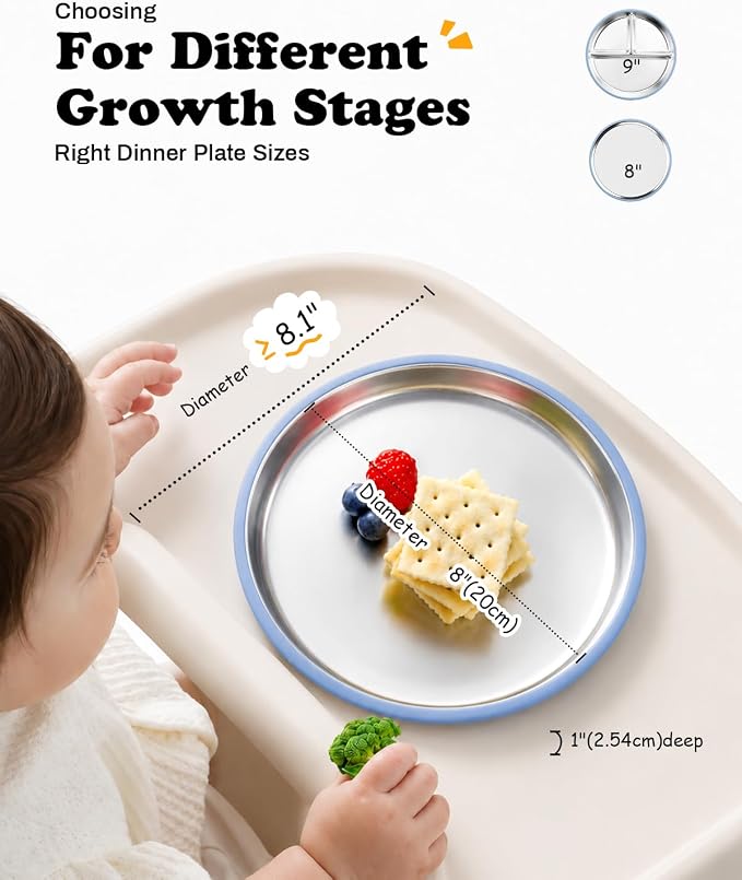 Bakpoco Stainless Steel Baby Plates with Removable Silicone Suction | 8" Stainless Steel Toddler Plates, Open Suction Plates for kids Non Toxic & BPA Free Dishwasher Safe Dinnerware Set of 3