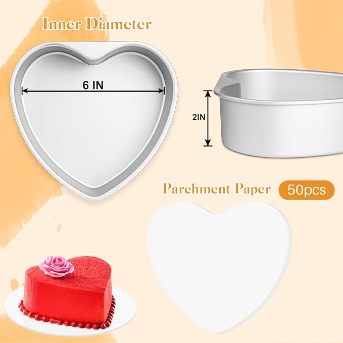 6 Inch Heart Shaped Cake Pans,2 Pack Non-stick Aluminum Heart Pan | Baking Tins with 50 Pieces Parchment Paper,Food-grade Cake Molds,Ideal for Valentine’s Day Birthday Wedding