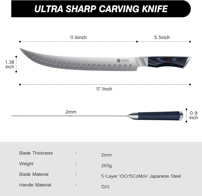 Carving Knife，11.6 Inch Brisket Slicing Knife, Japanese High Carbon Steel Butcher Knives with VG10 Steel Core & G10 Handle, Full Tang Ultra Sharp Meat Cleaver for BBQ, Turkey, Roast, Brisket