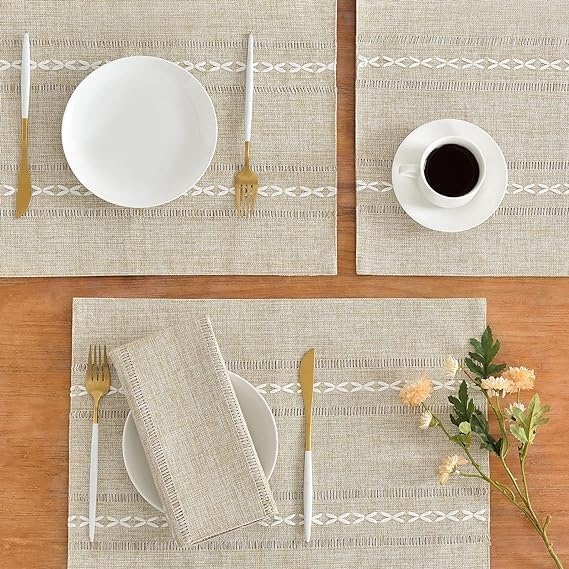 Wracra Cotton Linen Place Mats, Coffee Embroidered Placemats Set of 6 | Placemats 12 x 18 Inch; Cotton Linen Woven Fabric; Heat Resistant Table Mats; Raised Embroidered Hollow Design