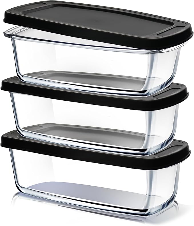 EATEX Glass Bread Pans for Homemade Bread Baking, 1.9 Qt Deep Glass Food Storage Containers with Lids, 3 Bread Loaf Pans 3 Airtight Lids