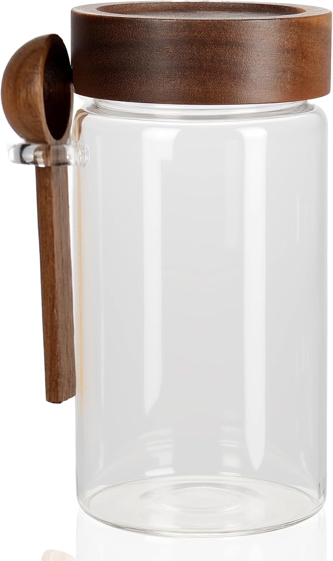 18 oz/550 ml Glass Storage Canister with Airtight Wooden Lid, Clear Small Decorative Container Jar with Spoon for Salad Overnight Oats Snacks Yogurt Cereal Fruit Spice Sugar Coffee Candy Salt