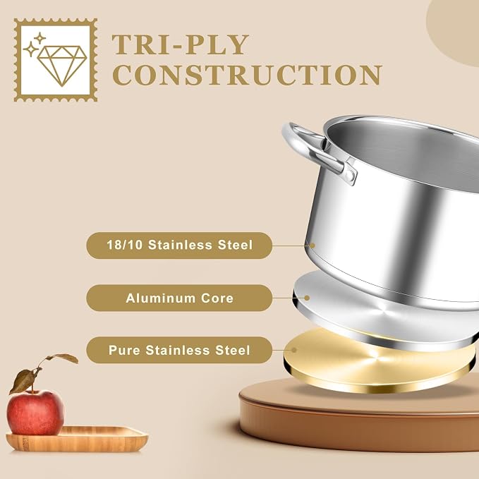 Leonyo 6QT Stock Pot with Lid, Stainless Steel Cooking Stockpots Induction | Visible Lid & 3-Ply Base for All Stoves, Heat-conducting & Heavy-Duty