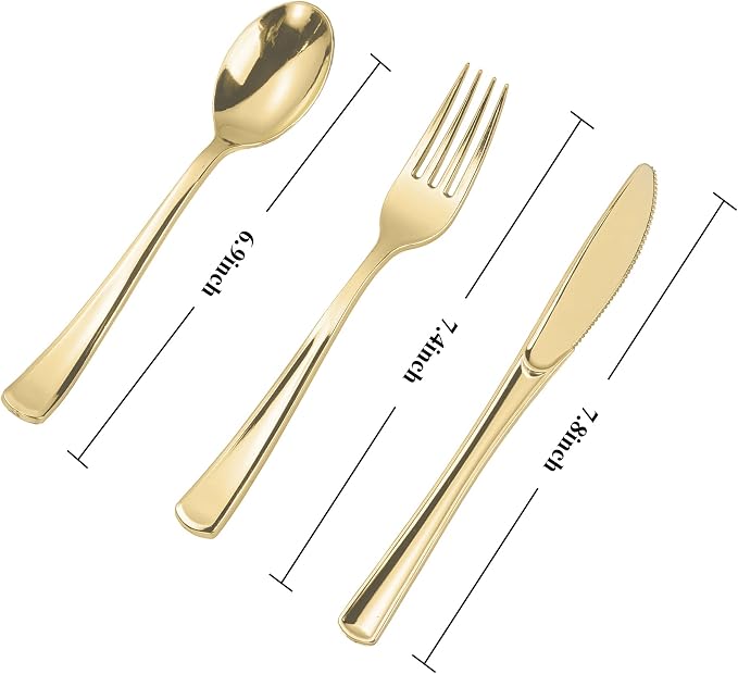 100PCS Gold Plastic Silverware, Heavy Duty Disposable Utensils/Cutlery | 50 Forks, 25 Spoons, 25 Knives, Elegant, BPA-Free, for Party, Wedding, Birthday & Everyday Use