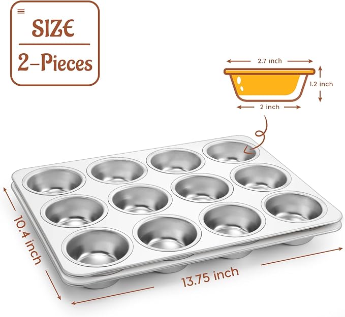 P&P CHEF 12-Cup Muffin Pan Tin, Stainless Steel Cupcake Pan, 2Pcs | Muffin Tin for Oven Baking, Dishwasher Safe, Non-Toxic, Standard Size, Ideal for Homemade Muffin Cup Cake Tart Quiche