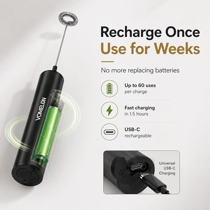 Rechargeable Milk Frother, Electric Coffee Foamer, Handheld Drink Mixer for Latte, Cappuccino, Coffee, Eggs, Hot Chocolate, Protein,Paint Black