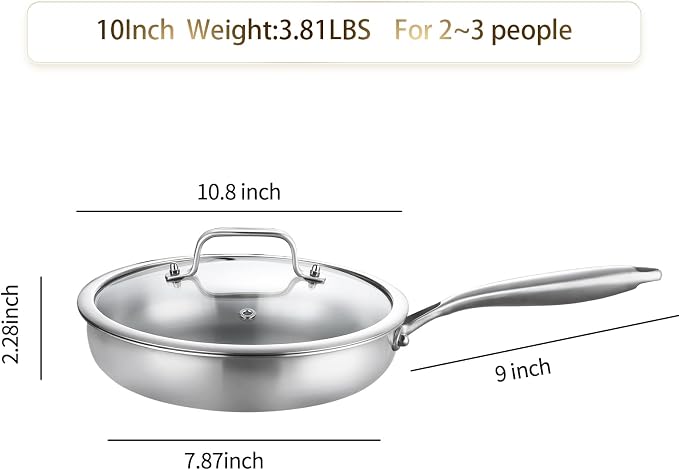 DELARLO Tri-Ply Stainless Steel Pan,18/10, 9" | Nontoxic Durable Oven Safe 800℉ All Cooktops Compatible Fast Even Heat PFOA Free Large Frying Pan Nontoxic Cookware