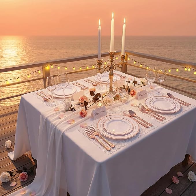 GATHER 350PCS Rose Gold Plastic Plates for Wedding Birthday Party | White and Rose Gold Disposable Dinnerware Set include 100 Plastic Plates, 150 Silverware, 50 Napkins, 50 Cups for Baby Shower