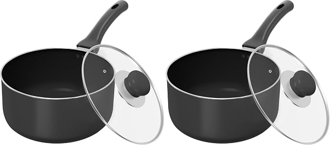 Utopia Kitchen 2 Quart Detachable handle Nonstick Saucepan with Glass Lid, Multipurpose Use for Home, Kitchen or Restaurant, Grey & Black (Pack of 2)