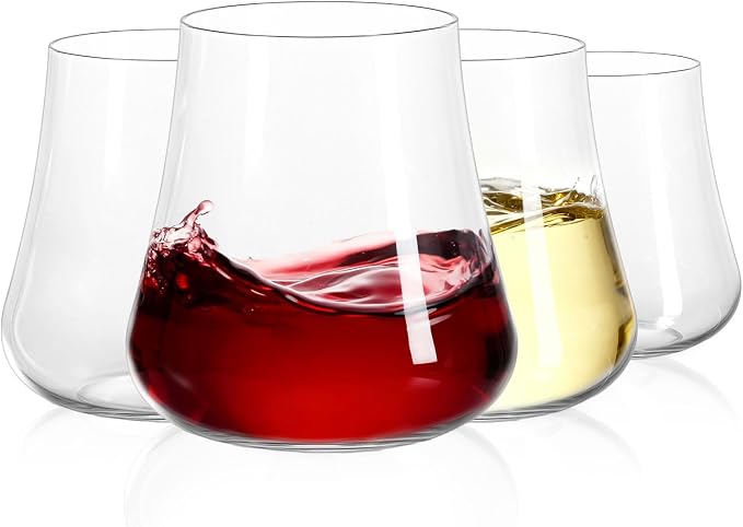 Stemless Wine Glasses Set of 4, 15oz Hand-Blown Red Wine Glass | Dishwasher Safe, No Stem Stable, Lead-Free Clear Crystal, Modern Thin Rim, Elegant Gift for Women, Birthday Wedding Party