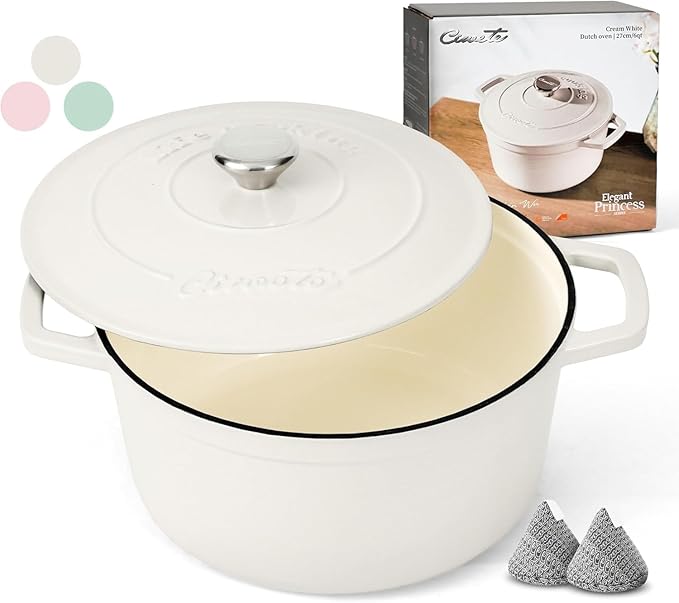 6 QT Dutch Oven Pot with Lid, Enameled Cast Iron Dutch Oven for Bread Making, Braiser, Cooking, Dual Handles, Oven Safe up to 500° F or on Stovetop, Gifts for Family - Off White
