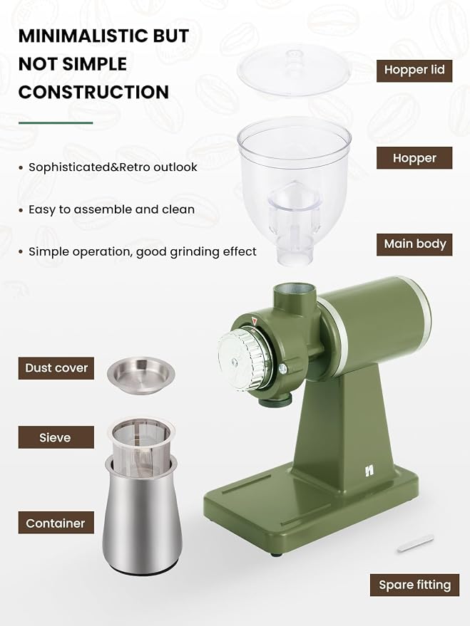 Huanyu 60mm Flat Burr Coffee Grinder, Retro Cream Green for Home Cafe | Stainless steel burr, 8 precision grind settings, 250g hopper, magnetic anti-splash outlet, sifting cup, for home cafe, 200w