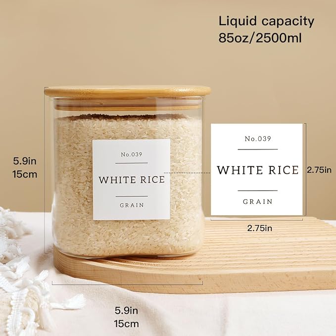 HHMJSM Large Glass Flour and Sugar Containers with 42 Kitchen Pantry Labels - 85 Oz Glass Food Storage Containers with Airtight Lids - Square Glass Jars with Bamboo Lids for Rice, Pasta, Cookies