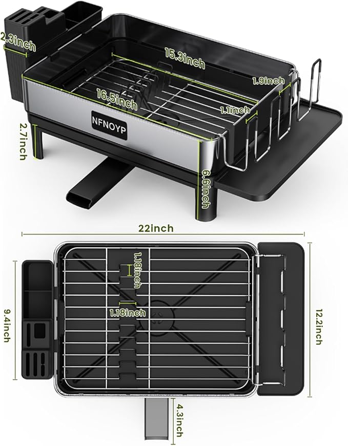 304 Stainless Steel Dish Drying Rack for Kitchen Counter, Black | Large Capacity Rustproof Dish Rack with Auto Drain Spout, Removable Utensil & Cup Holders, Drainboard Set
