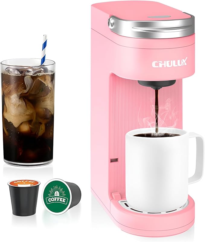 CHULUX Slim Single Serve Coffee Maker for K Cup, Compact Size, Salmon Pink | Fast-Heating Boiler System, 4-Hole Needle for Richer Flavor, Adjustable Drip Tray for 7.3" Travel Mug, Food Grade Material
