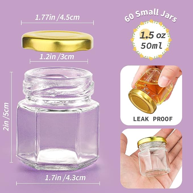 60 Pcs 1.5 Oz Mini Honey Jars with Airtight Lids,Hexagon Glass | Hexagon Glass Jars for Honey,Jam,Candle Making,Spice Storage,Wedding Favors,Party Decorations,Containers & DIY Projects