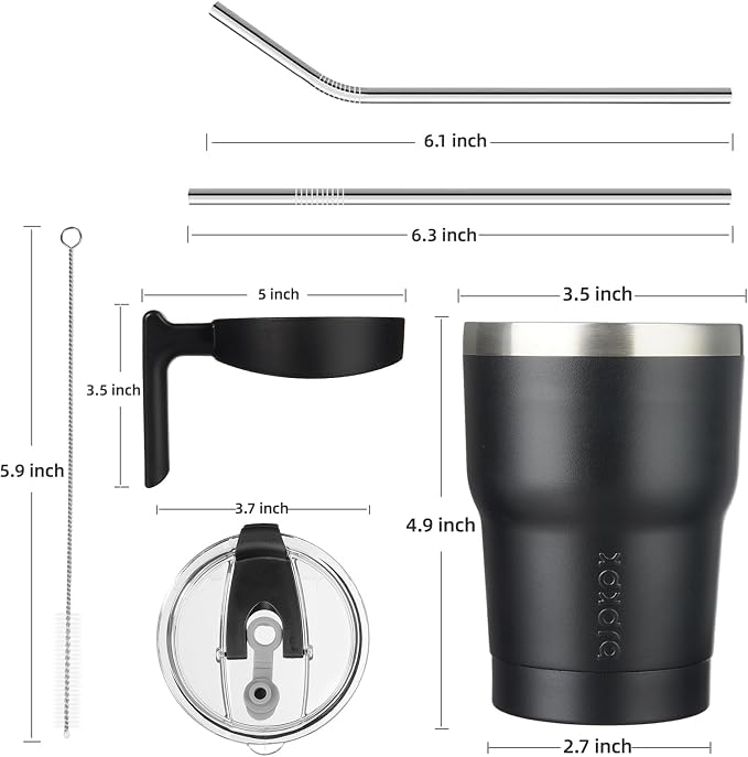 BJPKPK 10 oz Mini Tumbler with Lid, Straw & Handle, Insulated Steel Cup | Small, Spill Proof, Leak Proof, Thermal, Double Wall Vacuum, Sweatproof, Dishwasher Safe, BPA Free, Black