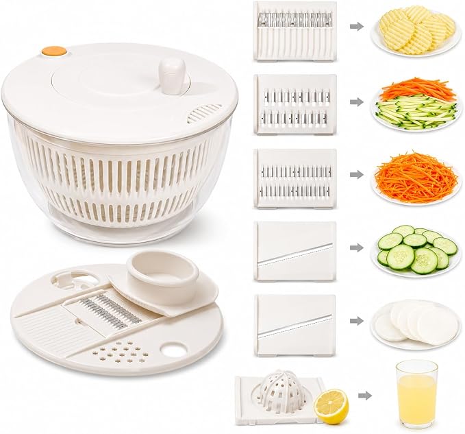5-Blade Salad Spinner, Mandoline Vegetable Slicer and Juicer, White | 304 stainless steel blades for slicing, shredding and crinkle cuts, with lettuce dryer basket, egg separator and food holder