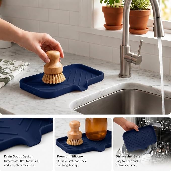 MicoYang Silicone Soap Dish with Drain Spout — Self-Draining Sink Organizer Tray for Bathroom & Kitchen, Sponges, Dispensers & Soap Holder, Non-Slip & Dishwasher Safe, Navy Blue (Medium, 9.6"×5.3")