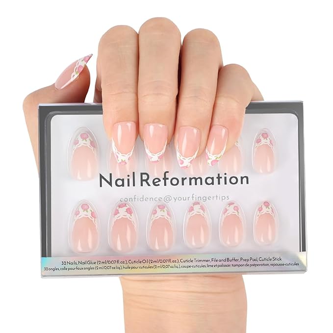 Nail Reformation Press On Nails, Fleur De Lace | Short Almond Fake Nails | with Lace French Tip & Rose Floral on Nude Base in Glossy Finish, Reusable Nails in 16 Sizes - 32 Nail Kit, Gifts for Women
