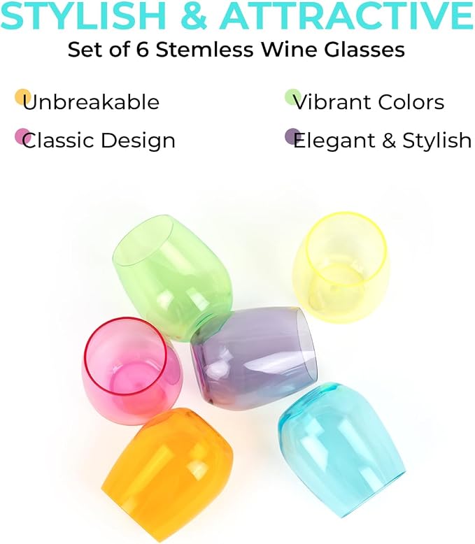 Stemless Wine Glasses Set of 6, 16oz Unbreakable Acrylic Plastic Wine Cups | Reusable Shatterproof Colored Wine Tumblers, Dishwasher Safe BPA Free Drinkware for Outdoor, Pool, Patio, Camping, Party
