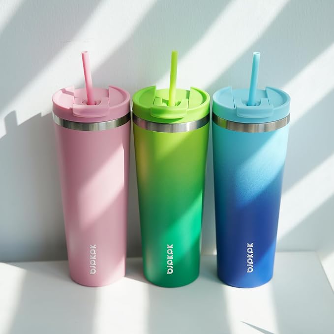 BJPKPK 26 oz Coffee Tumbler with Straw, Insulated Stainless Steel Cup | Double Wall Vacuum, Leak Proof Lid, Keeps Hot/Cold/Iced, BPA Free, Dishwasher Safe, Travel & Outdoor, Light Pink