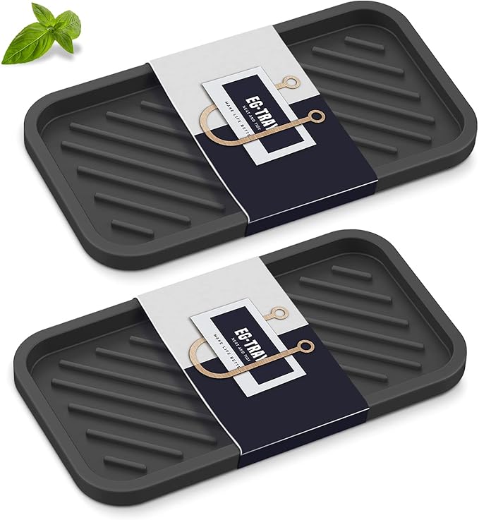Kitchen Sink Organizer Tray,Sponge Holder for Kitchen Sink Bathroom（Black） | Counter Tray Sponge Caddy Silicone Soap Holder for Soap Dispenser, Bottle, Dishwashing Accessories(2-Pack)