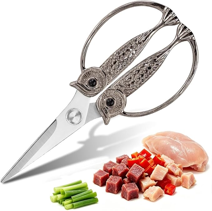 XSNBRD All Purpose Kitchen Shears, Nickel Stainless Owl Scissors. | Classic nickel plated,rust-resistant,sharp precision blades,owl ergonomic handle,all-purpose kitchen helper.