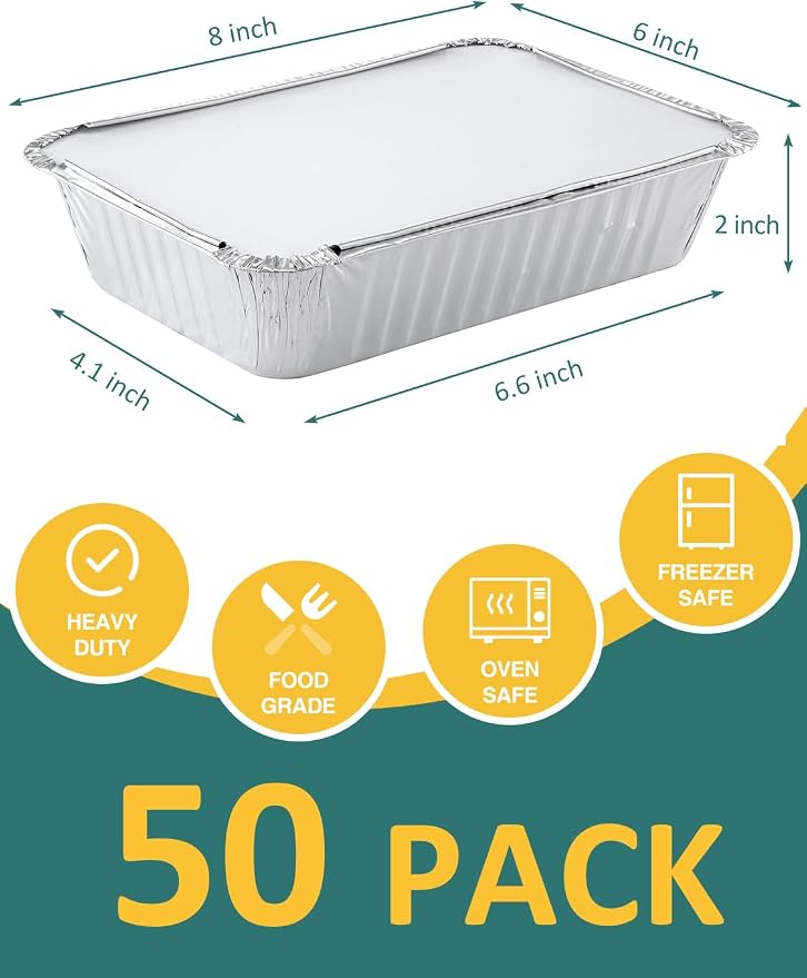 NEEBAKE 50 Pack 8x6 Disposable Aluminum Pans with Lids Aluminum-Foil-Pans-Tin-Foil-Baking-Pans-Tin-Trays-Food-To-Go-Containers-for-Meal-Prep-Cooking-Roasting-Heating-Takeout