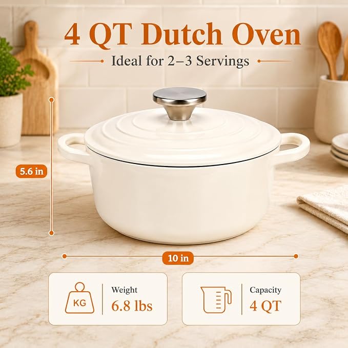 4QT Enameled Cast Iron Dutch Oven For Bread Baking,Cooking | 4QT Dutch Oven with Lid,Enameled Round,Dual Handles,Heavy-Duty,Cast Iron Skillet For Bread Baking,Cooking.
