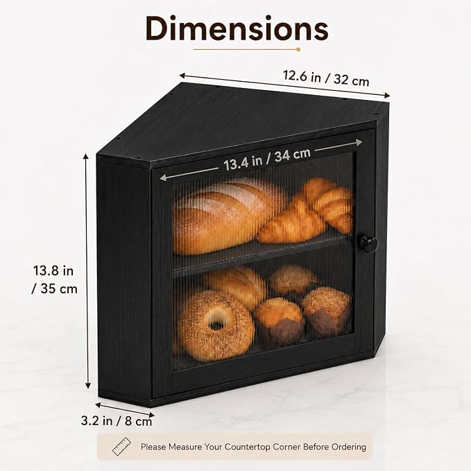 BAMBANG Corner Bread Box for Kitchen Countertop, Large Capacity Bamboo Wood Bread Storage Container, 2 Tier Farmhouse Breadbox with Fluted Acrylic Door for Bread, Homemade Bread and Snacks, Black